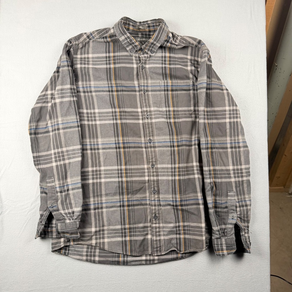 Eddie Bauer Mens Tall Large Gray Plaid Cotton Flannel Shirt Classic Fit 13701758
